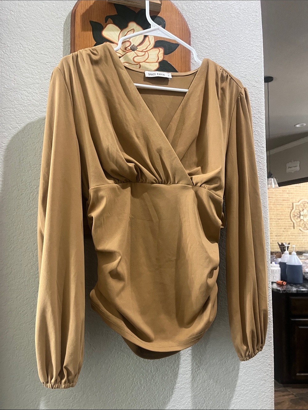Grace Karin Camel V-Neck Long Sleeve Wrap Blouse